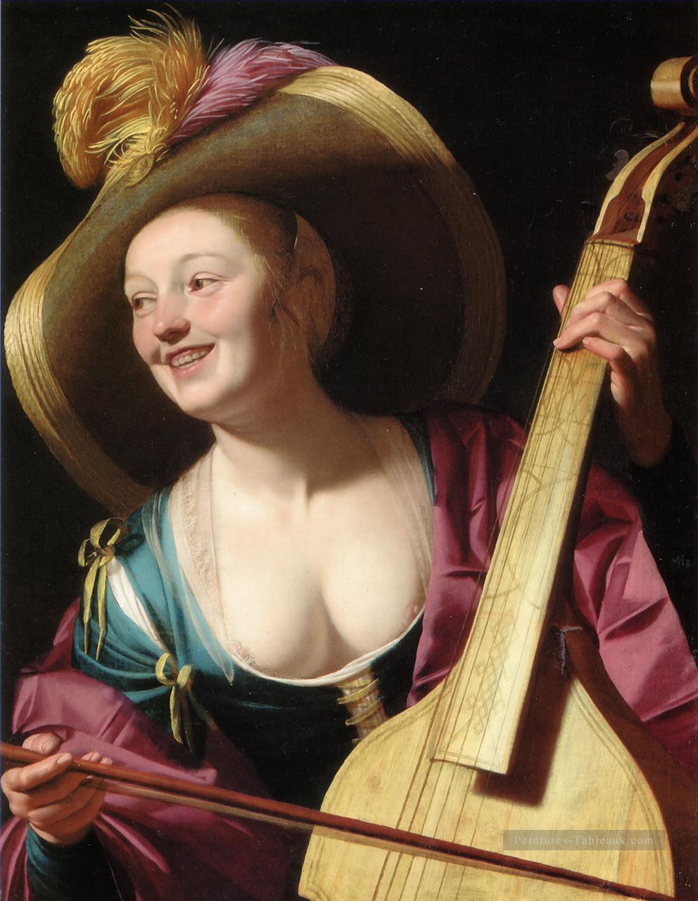 Une jeune femme jouant une viole de gambe aux chandelles Gerard van Honthorst Peintures à l'huile